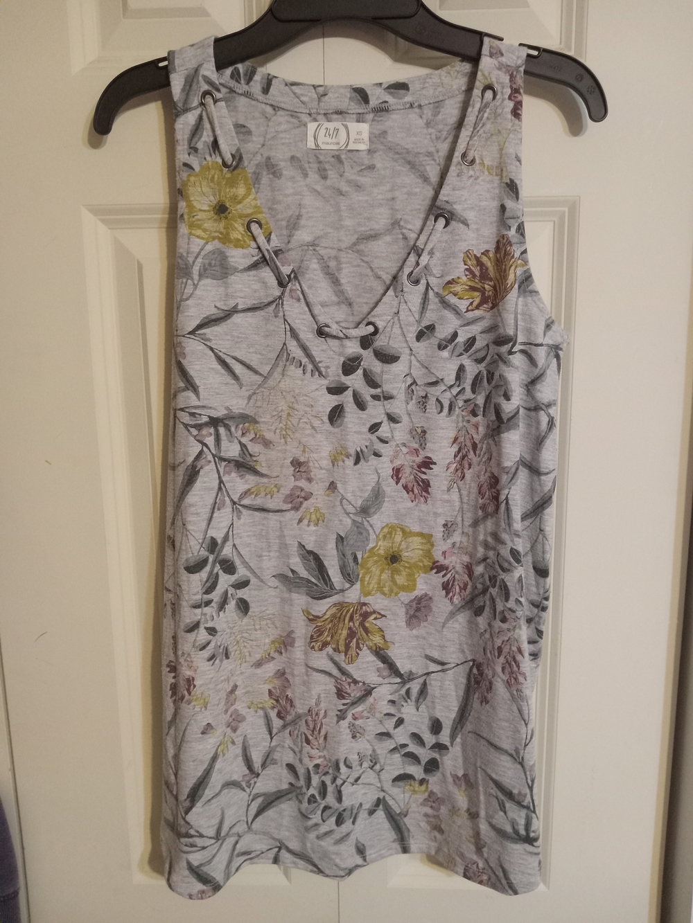 Maurices Gray Floral Lace-Up V-Neck Tank with Yellow Accents